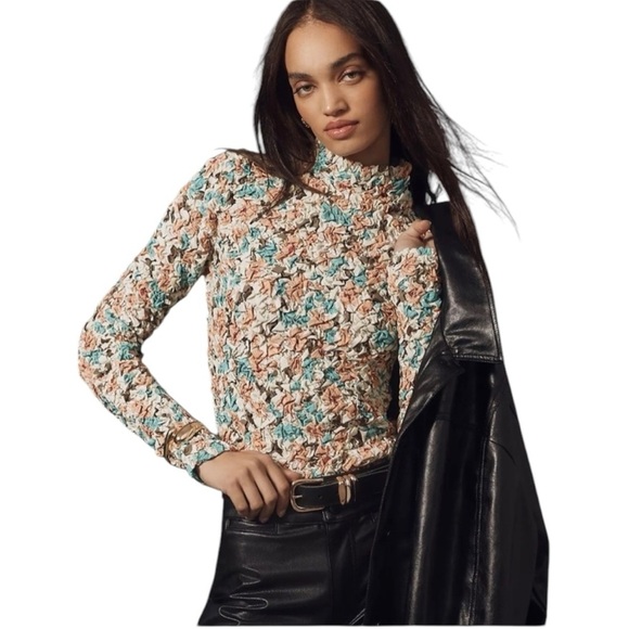 Anthropologie x Dolan - NWT Printed Pebble-Smocked Turtleneck Textured Top Sz M - Picture 1 of 9